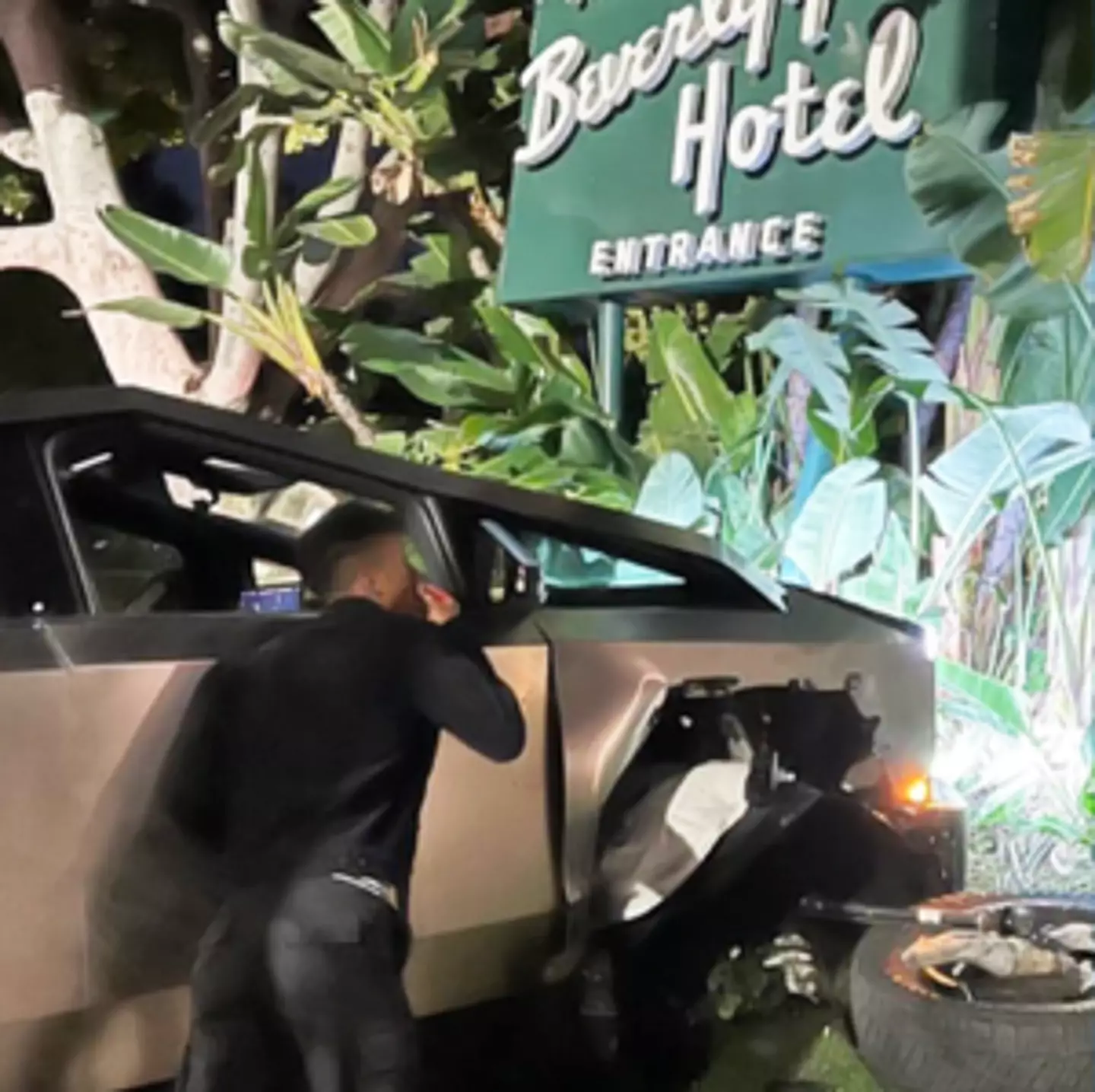 Elon Musk Reacts After a Tesla Cybertruck Crashes in Front of an Iconic Hotel in LA